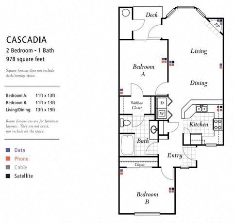 Floor plan for 2 beds, 1 bath, 978 sqft